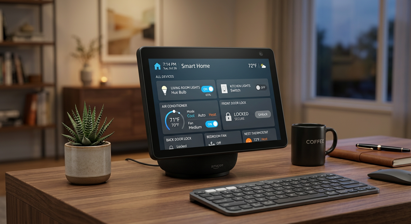 Echo Show 11のスマートホーム操作画面でエアコンやスマートロックを管理している様子