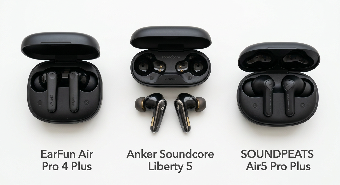 EarFun Air Pro 4 Plus、Anker Soundcore Liberty 5、SOUNDPEATS Air5 Pro Plusの3機種並び