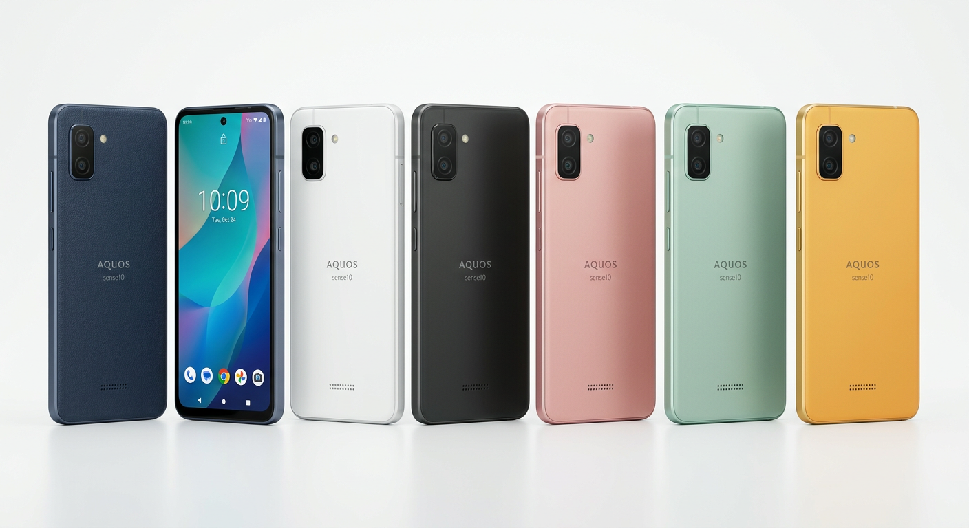 SHARP AQUOS sense10のデニムネイビーカラー本体外観と6色カラーバリエーション