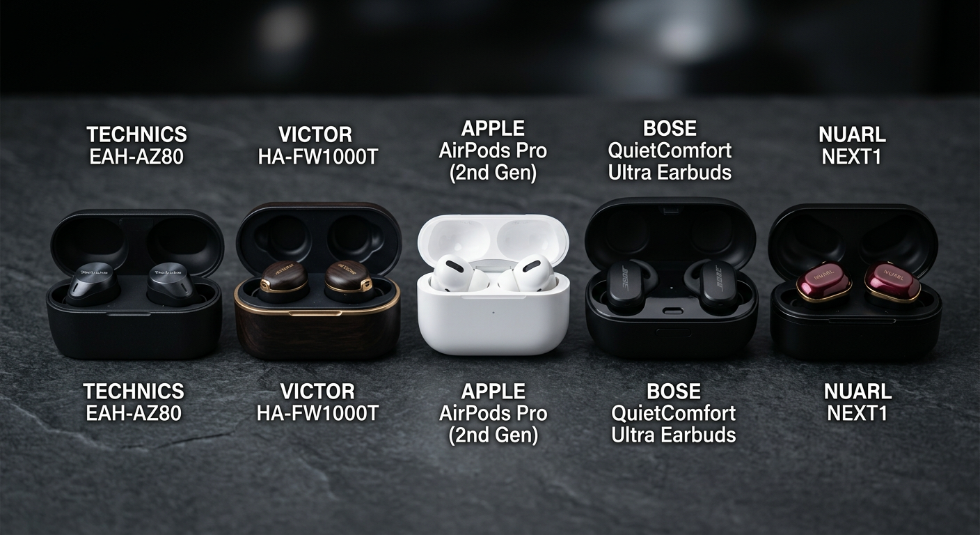 2025年ハイエンド完全ワイヤレスイヤホン5機種の集合写真