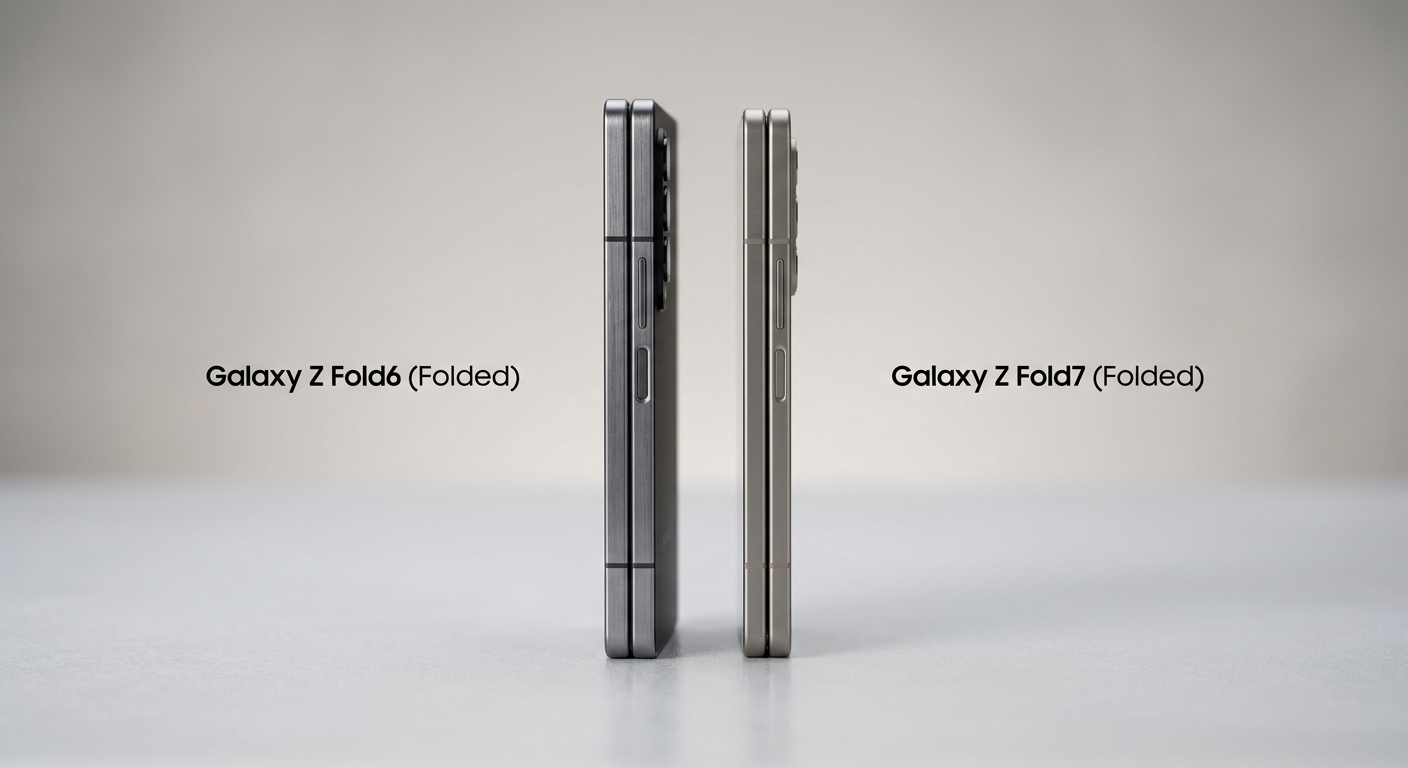 Galaxy Z Fold7とGalaxy Z Fold6の厚み比較を横から撮影した写真