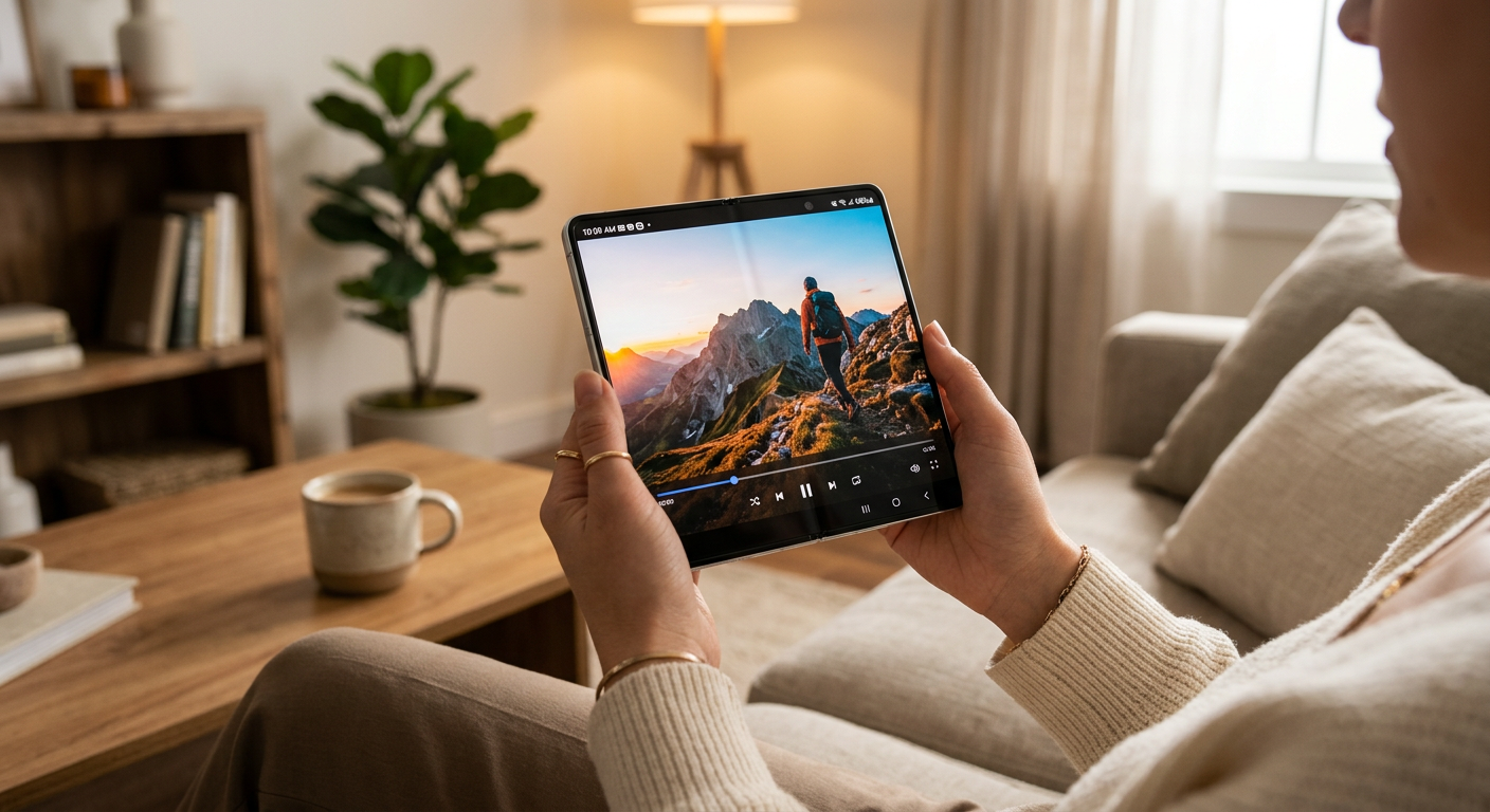 Galaxy Z Fold7を開いた状態のメインディスプレイで動画を視聴している様子