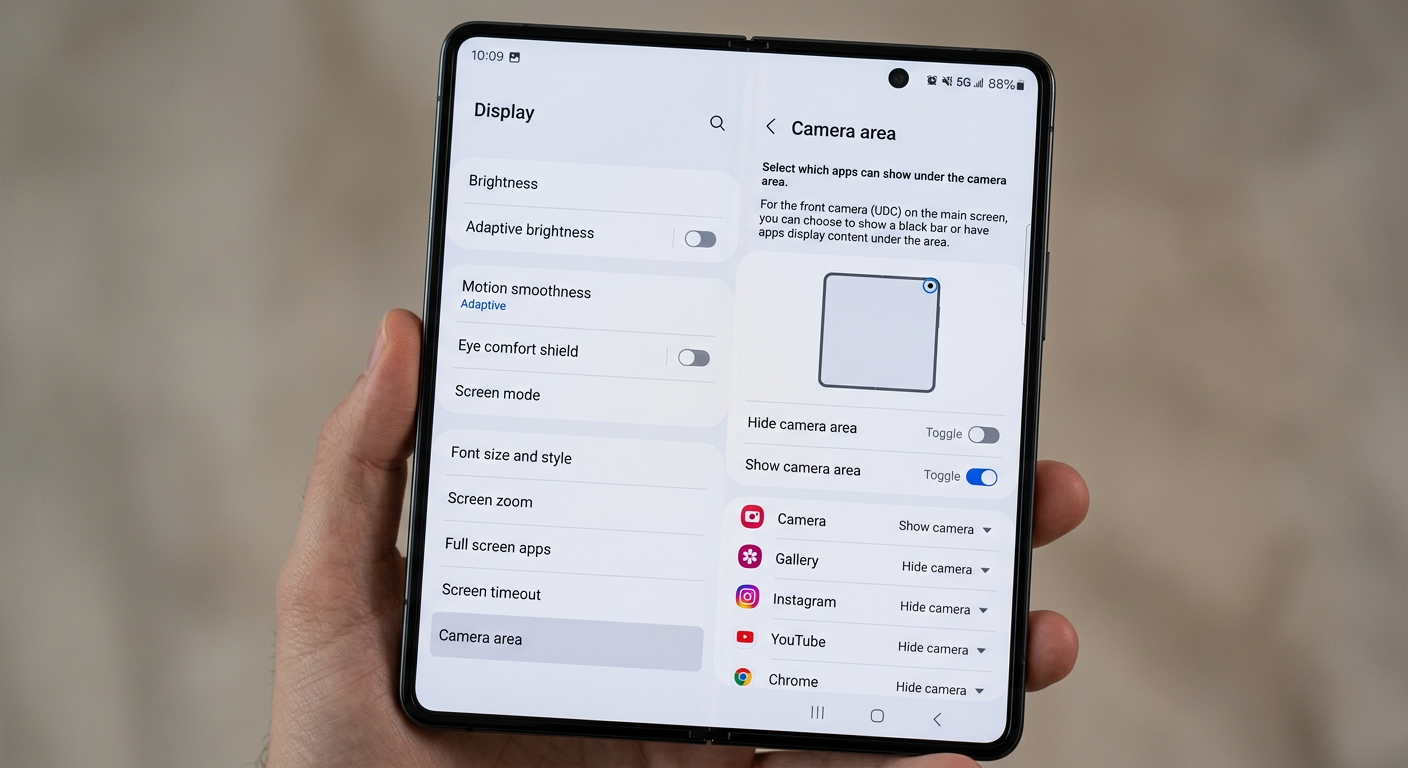 Galaxy Z Fold7の設定画面でカメラ領域を非表示にする操作手順