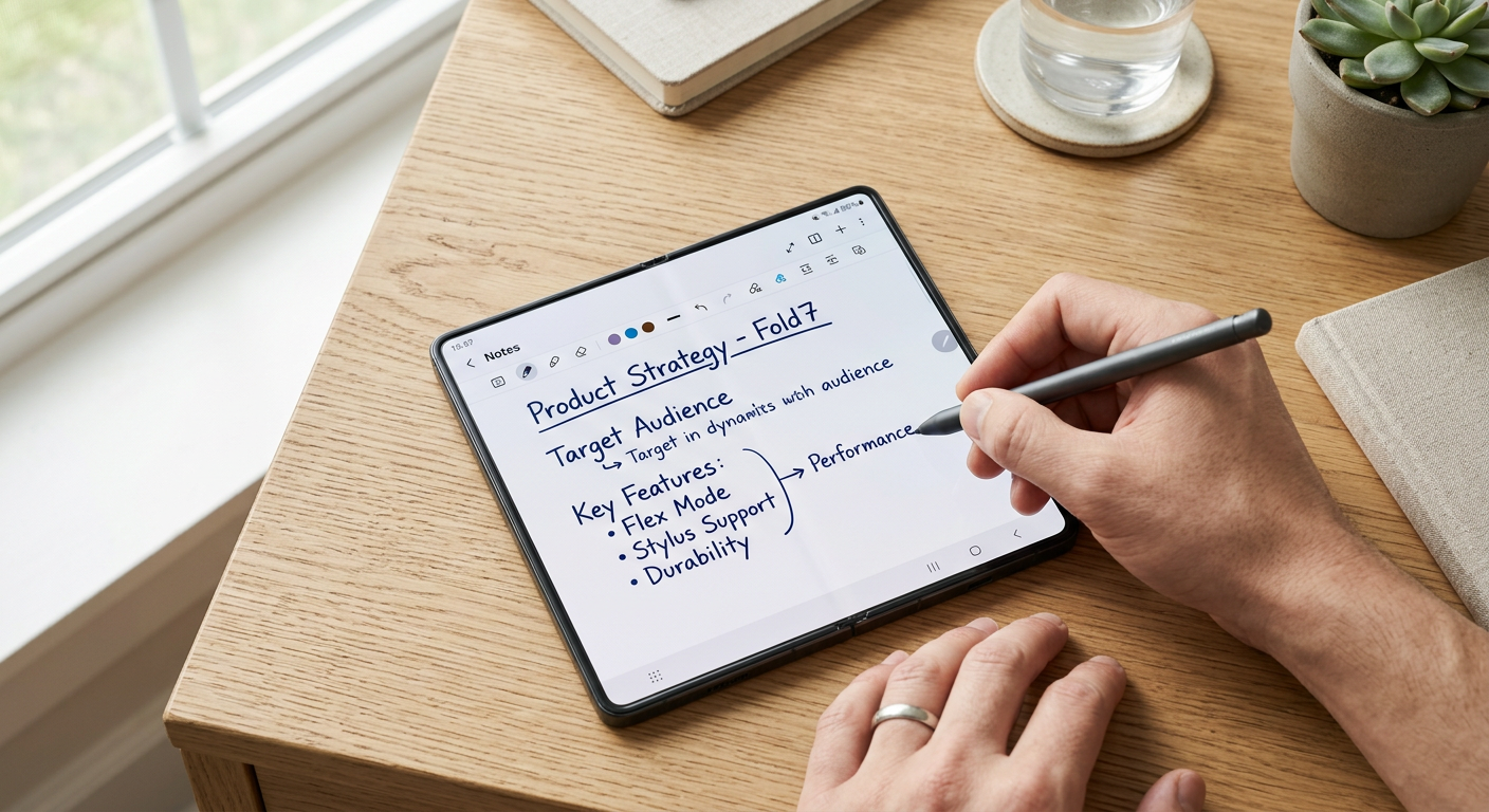 Galaxy Z Fold7のメインディスプレイでタッチペンを使ってメモを書いている様子