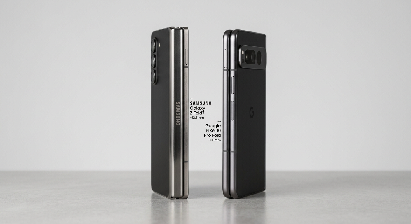 Galaxy Z Fold7とPixel 10 Pro Foldを閉じた状態で並べた厚みの比較