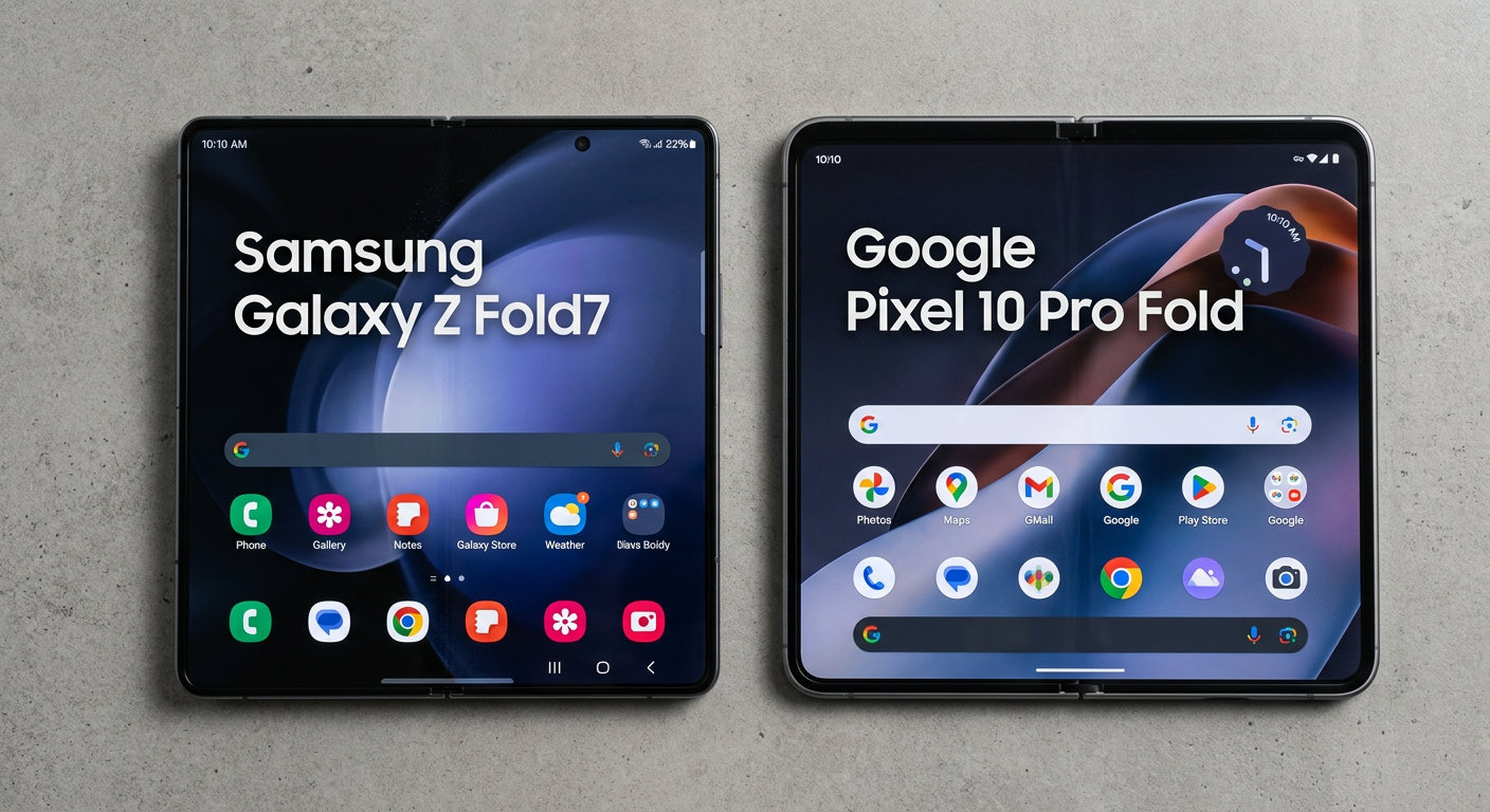 Galaxy Z Fold7とPixel 10 Pro Foldを開いた状態で並べたメイン画面の比較