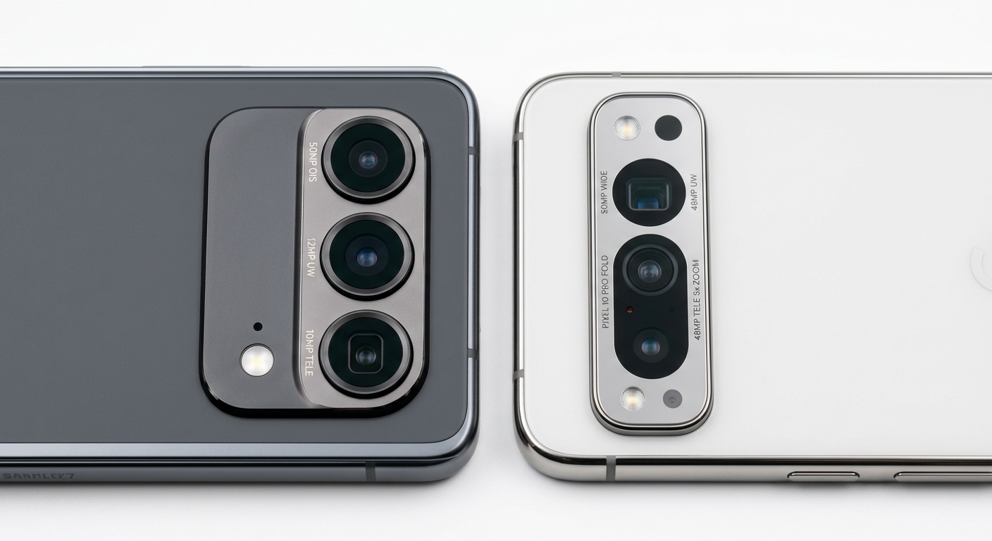 Galaxy Z Fold7とPixel 10 Pro Foldのカメラユニットを並べた比較写真