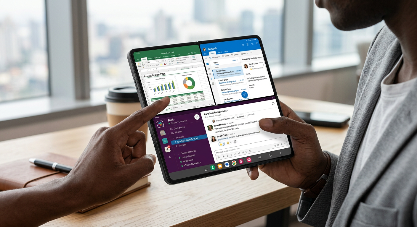 Galaxy Z Fold7で3画面分割マルチタスクを表示している画面