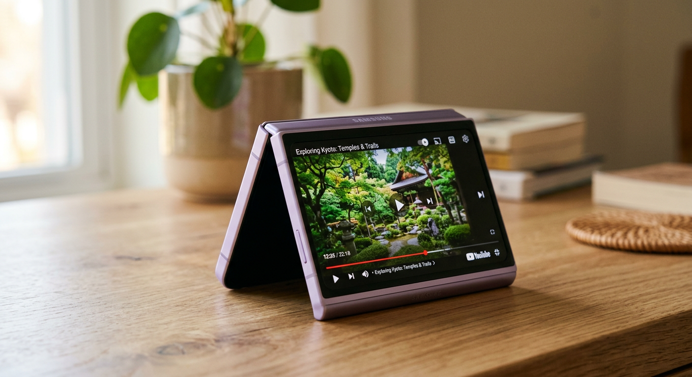 Galaxy Z Flip7を三角形に立てかけて動画を視聴している様子