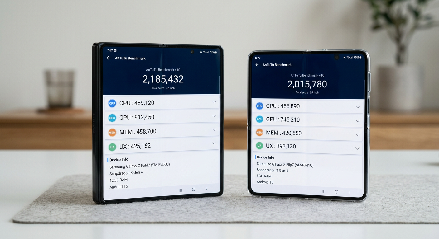 Galaxy Z Fold7とZ Flip7でゲームのベンチマークスコアを比較している画面