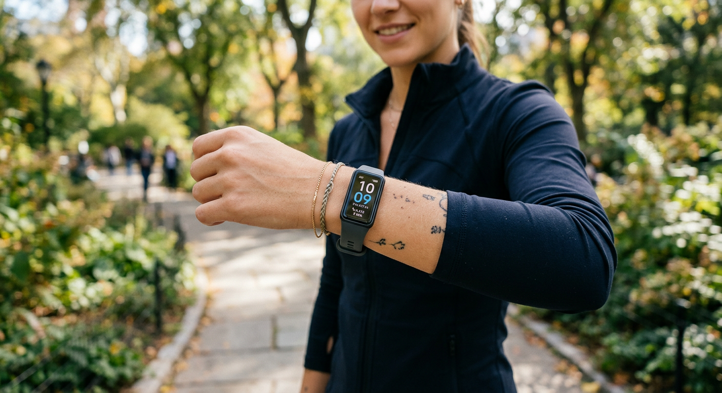 HUAWEI Band 11 Proを手首に装着した様子。コンパクトなサイズ感が分かるアングル