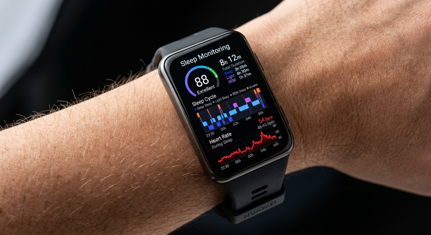 HUAWEI Band 11 Proの睡眠モニタリング画面。睡眠スコアや各種データが表示されている様子