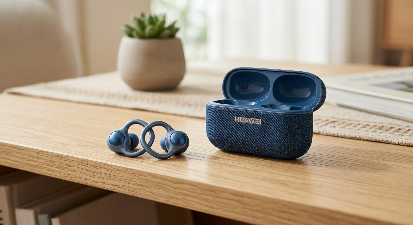 HUAWEI FreeClip 2のブルーカラーのケースとイヤホン本体のクロス収納方式