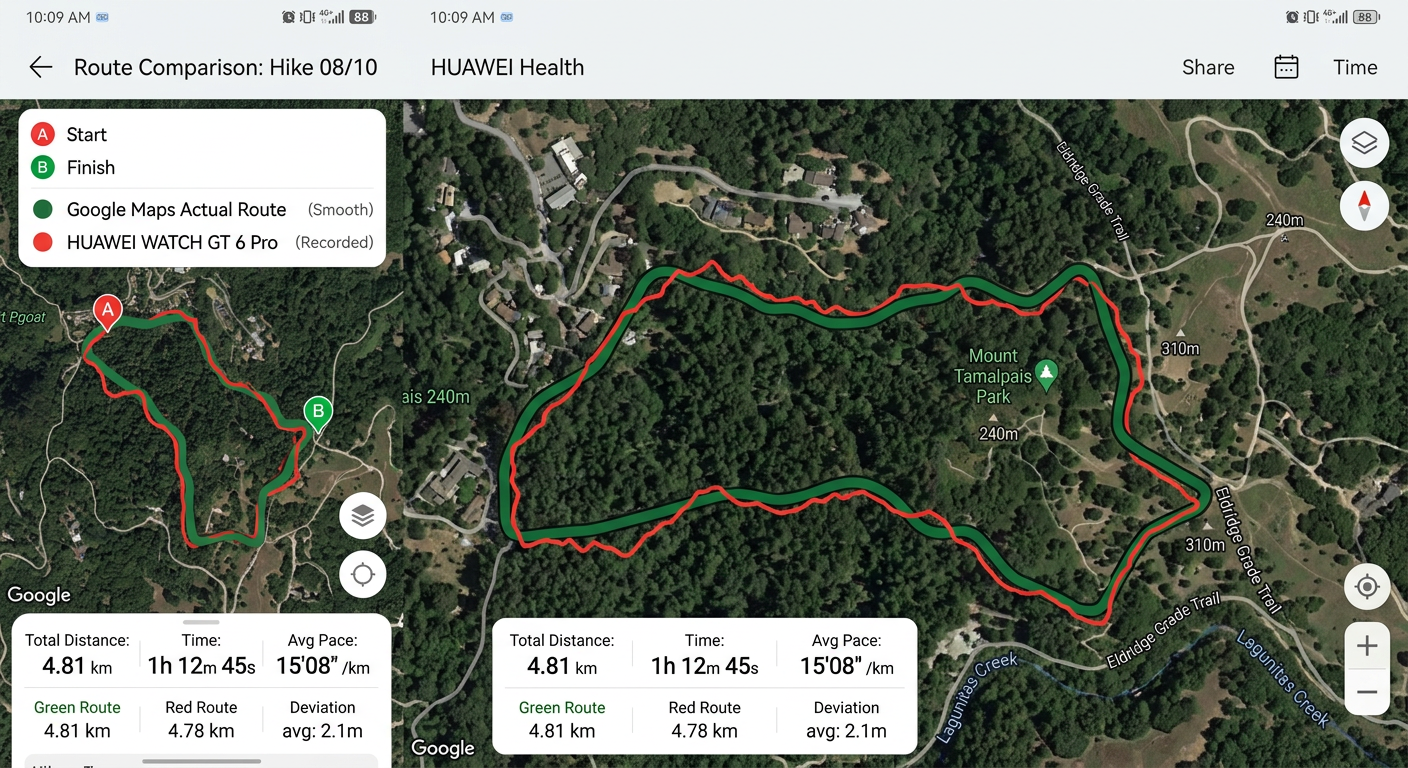 HUAWEI WATCH GT 6 ProのGPS軌跡とGoogleマップの実際のルートを重ねて比較した画面