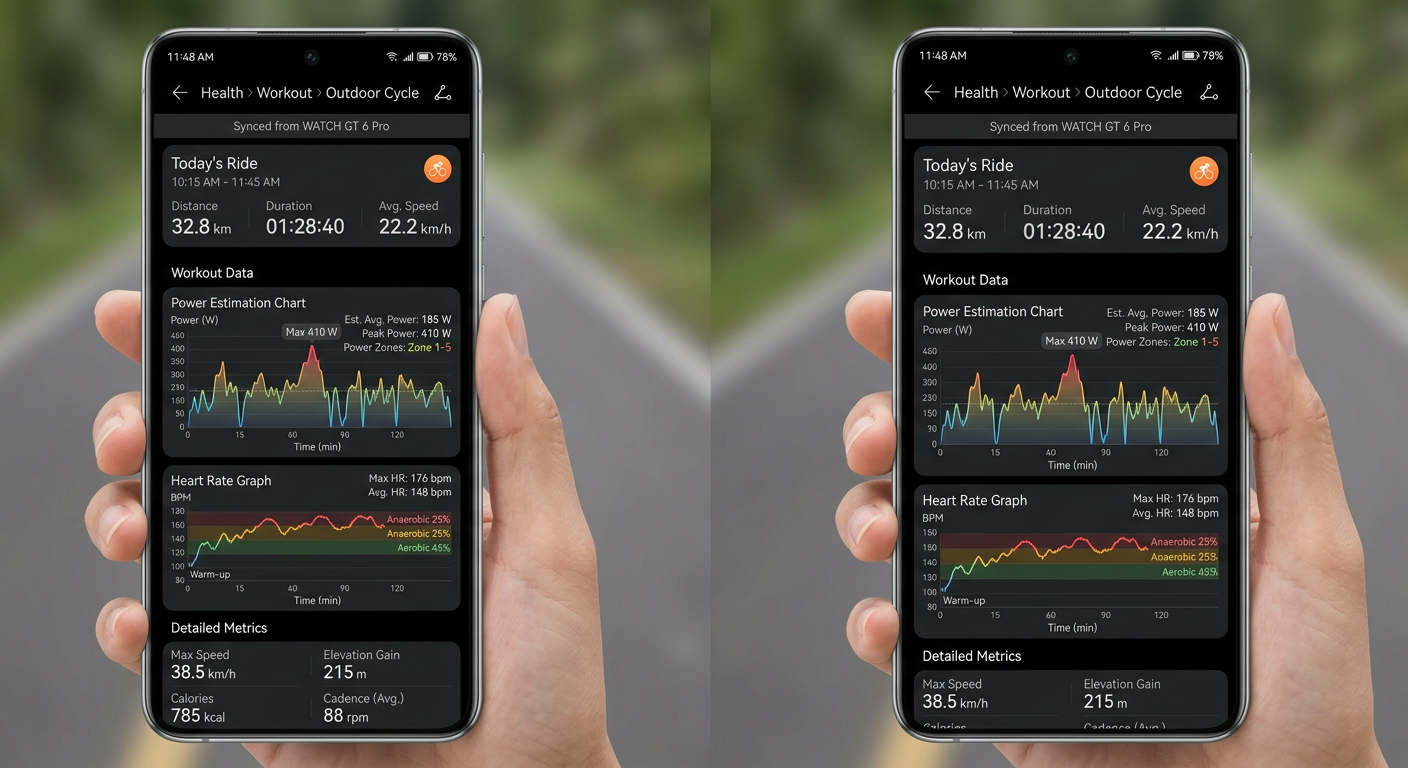 HUAWEI Healthアプリのサイクリングデータ画面（パワー推定・速度・心拍数のチャート表示）