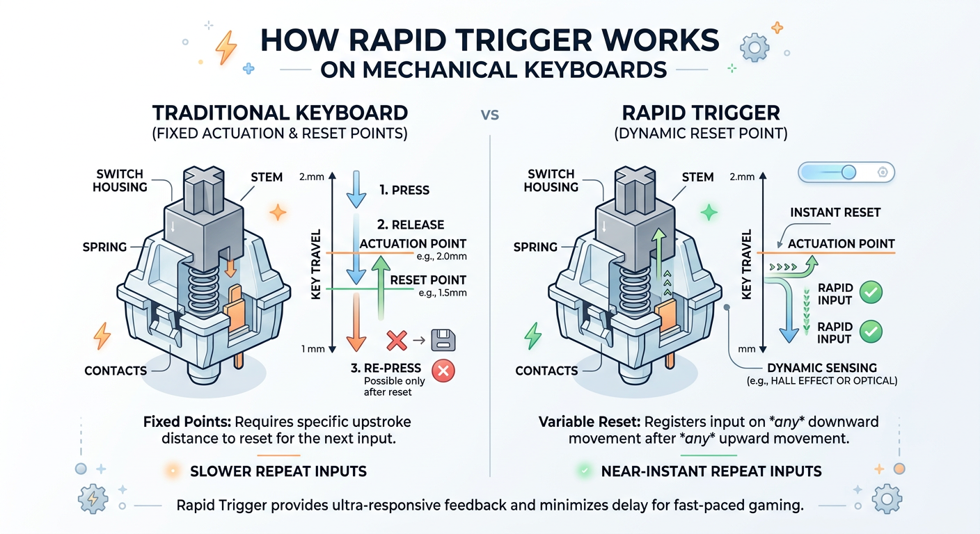 ラピッドトリガーの仕組みを示す図解。従来のキーボードとラピッドトリガー搭載キーボードのキー入力・リリースポイントの違い