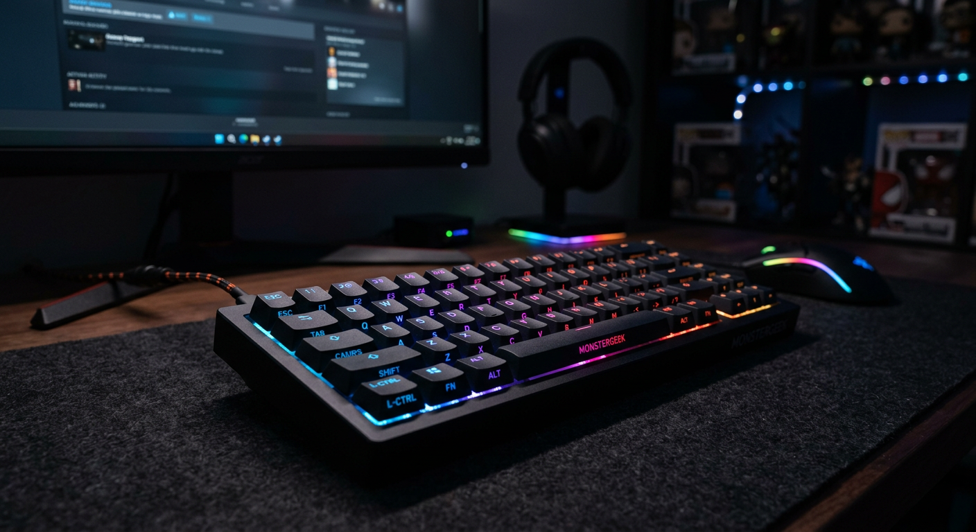 MonsterGeeK Fan60 ProSPのLEDライティングを点灯させた状態。キーサイドの印字が光って見える