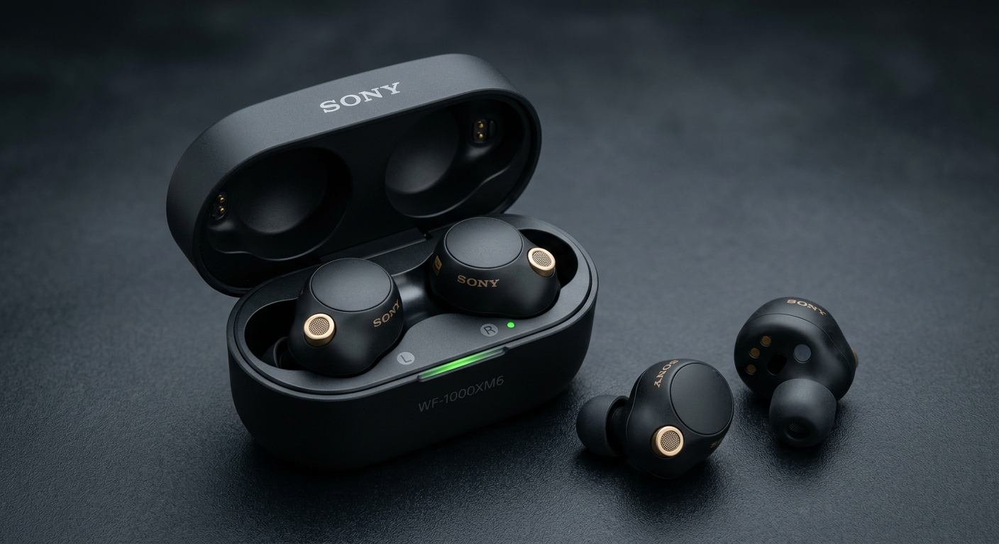 WF-1000XM6のケースとイヤホン本体の外観。ブラックカラーのマットな質感が特徴的