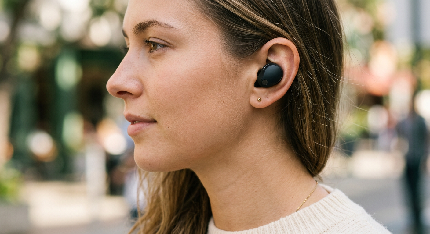WF-1000XM6を実際に耳に装着した様子。コンパクトに収まるフィット感
