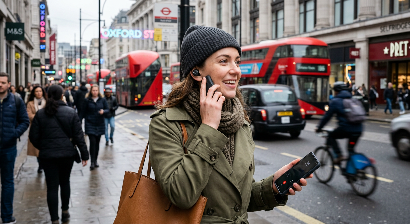 WF-1000XM6で通話している様子のイメージ。街中の騒音環境でもクリアな通話が可能