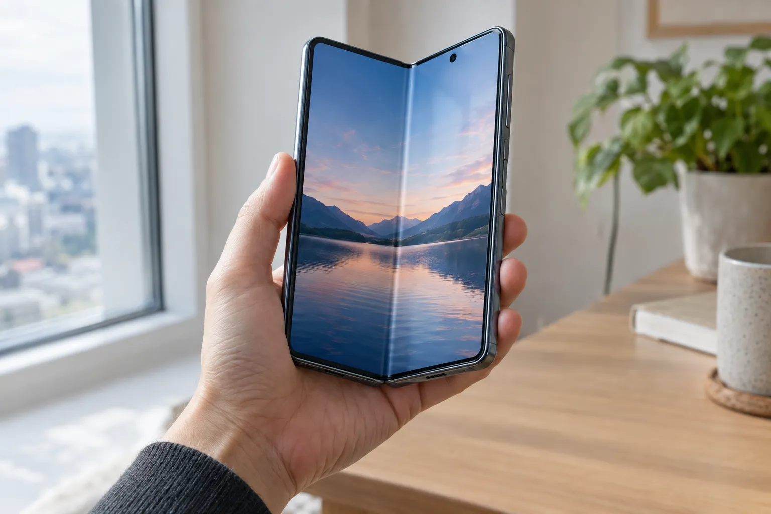 折りたたみスマホを開いた状態で片手持ちしているシーン、重さを比較するイメージ